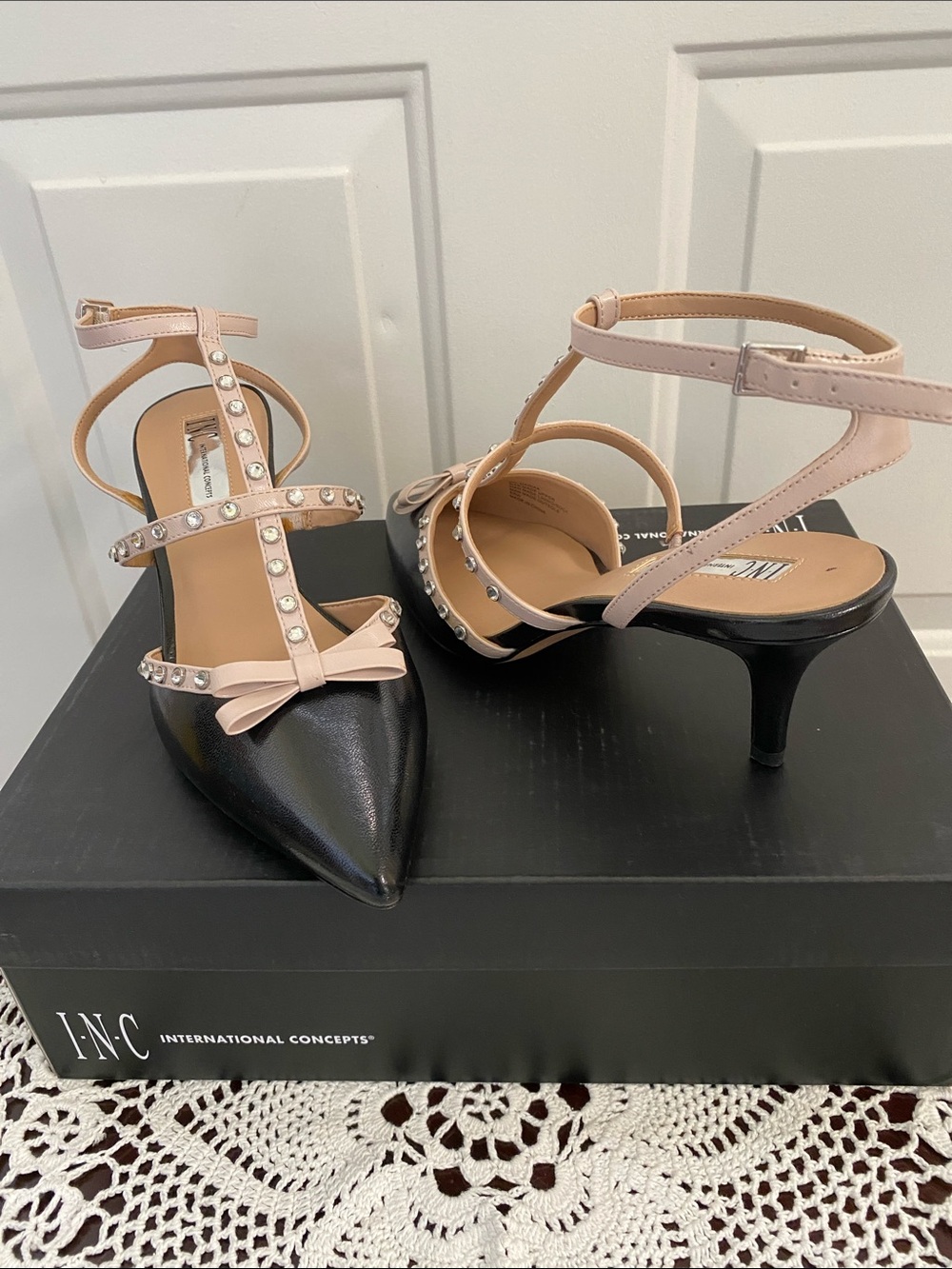 INC International Concepts Black Pointed-Toe Heels with Blush Studded Straps